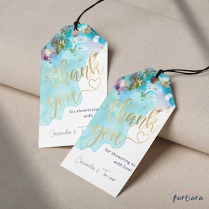 Blue Favor Tags Teal Birthday Party Thank You Gift Tag Printable, Shades of Aqua Turquoise Blues Gold Decor, Editable Template Download P243