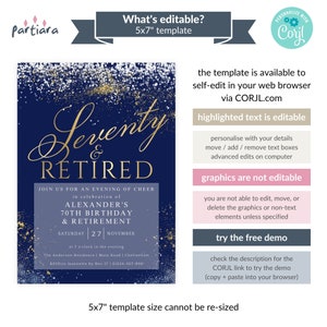 Seventy and Retired Invite, 70th Birthday and Retirement Party Invitation Printable, Men's Navy Blue Silver Gold, Editable Download P698 image 2