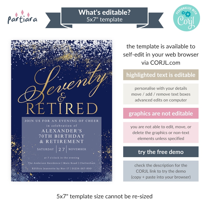 Seventy and Retired Invite, 70th Birthday and Retirement Party Invitation Printable, Men's Navy Blue Silver Gold, Editable Download P698 image 2