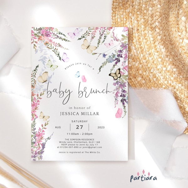 Baby Brunch Invite Girl Baby Shower Wildflower Invitation Butterfly Floral Pastel Pink Lilac Decor Printable Editable Digital Download P256