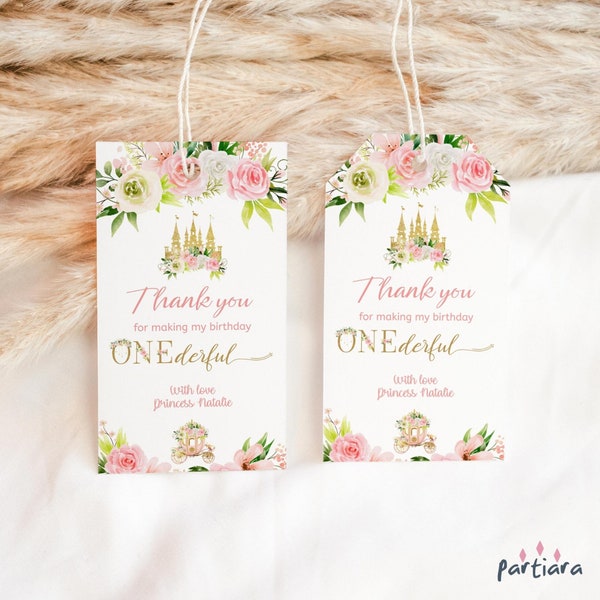 Princess Onederful Party Gift Tag 1st Birthday Fairytale Castle and Carriage Thank You Favor Label Printable Editable Digital Download P137