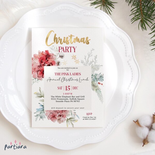 Folleto de fiesta de Navidad Tarjeta de invitación imprimible damas floral fiesta evento editable plantilla de descarga digital rosa rojo oro decoración P829