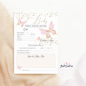 Babyshower voorspelling kaart vlinder partij sjabloon, geboortevoorspelling spel afdrukbaar, blush roze vlinders decor, bewerkbare download P293