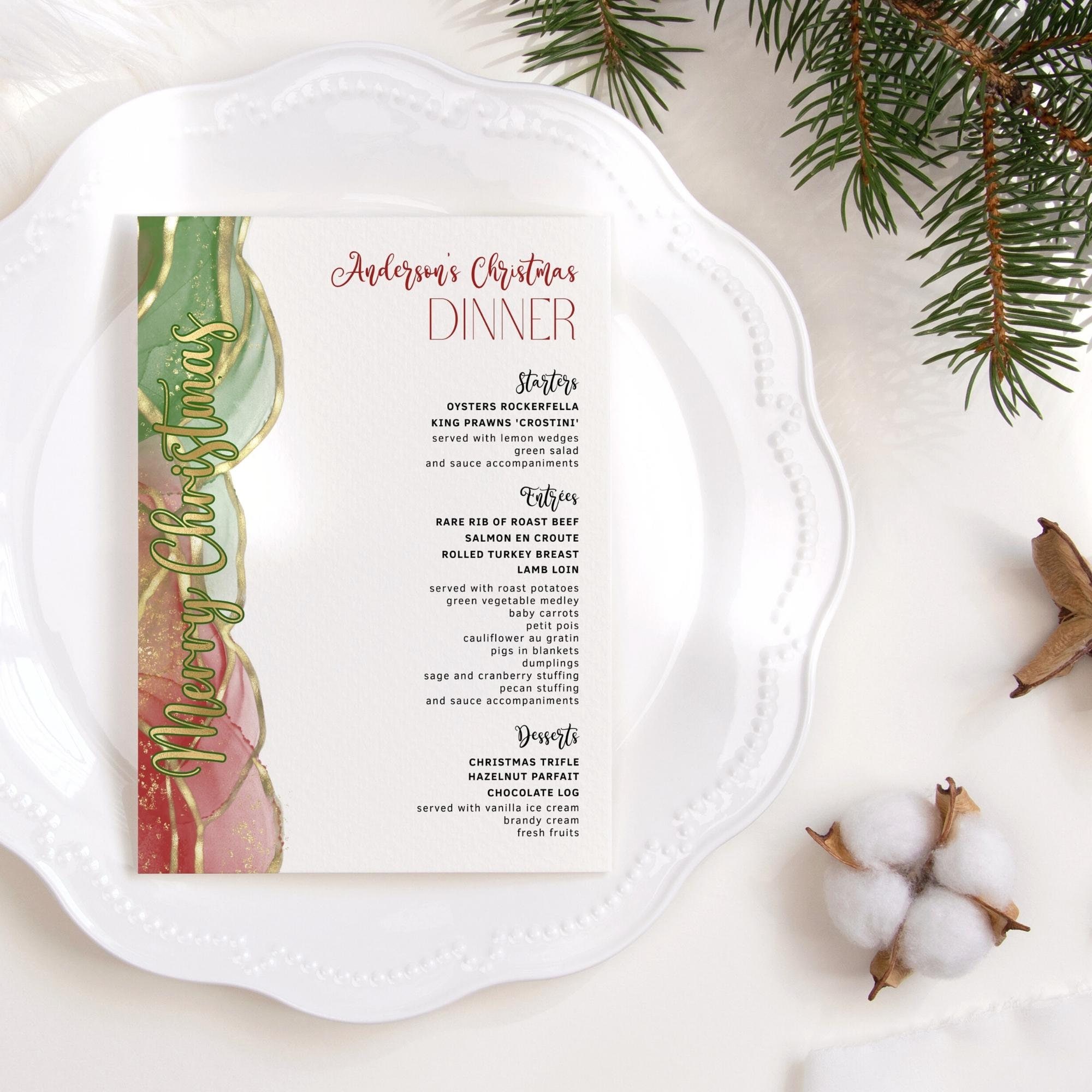 christmas menu card digital download, christmas party dinner menus