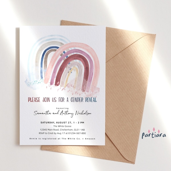 Baby Gender Reveal Invitation Printable, Rainbow Baby Sex Reveal Invite Editable Template, Rustic Boho Rust Red Dusty Blue Download P198