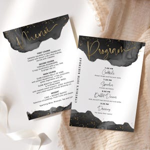 Birthday Program Template with Menu Card Digital Download, Black White Gold Dinner Table Party Programs Printable, Editable P268