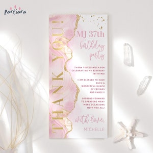 Decorazione per piatti di ringraziamento in oro rosa per donne, biglietti di auguri per feste di compleanno, modello modificabile, decorazione da tavolo con vortice di agata pastello P488