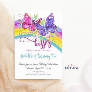 Butterfly Kisses Invite 2nd Birthday Party Invitations for Girls Bright Floral Purple Pink Decor Digital Download Editable Printable P120