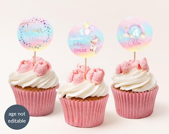 Unfourgettable Cupcake Toppers, 4th Birthday Party Cake Decor Printable, Pastel Rainbow Unicorn Party Treats, Editable Download P179