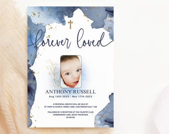 Baby Boy Memorial Service Announcement Card Printable Forever Loved Navy Blue Gold Editable Photo Invitation Template Download P239 P132
