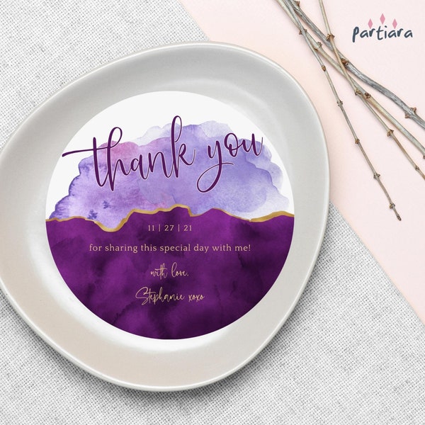 Editable Plate Charger Thank You Cards Purple Gold Round Table Decor Wedding Bridal Baby Shower Circle Card Printable Digital Download P281