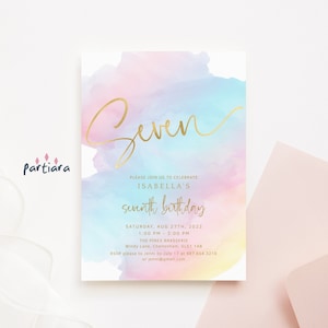 7th Birthday Invitations Girl DIY Printable Rainbow Unicorn Party Invites Digital Download Pastel Ombre Pink Blue Peach Lilac Gold P179