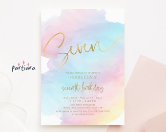 7th Birthday Invitations Girl DIY Printable Rainbow Unicorn Party Invites Digital Download Pastel Ombre Pink Blue Peach Lilac Gold P179