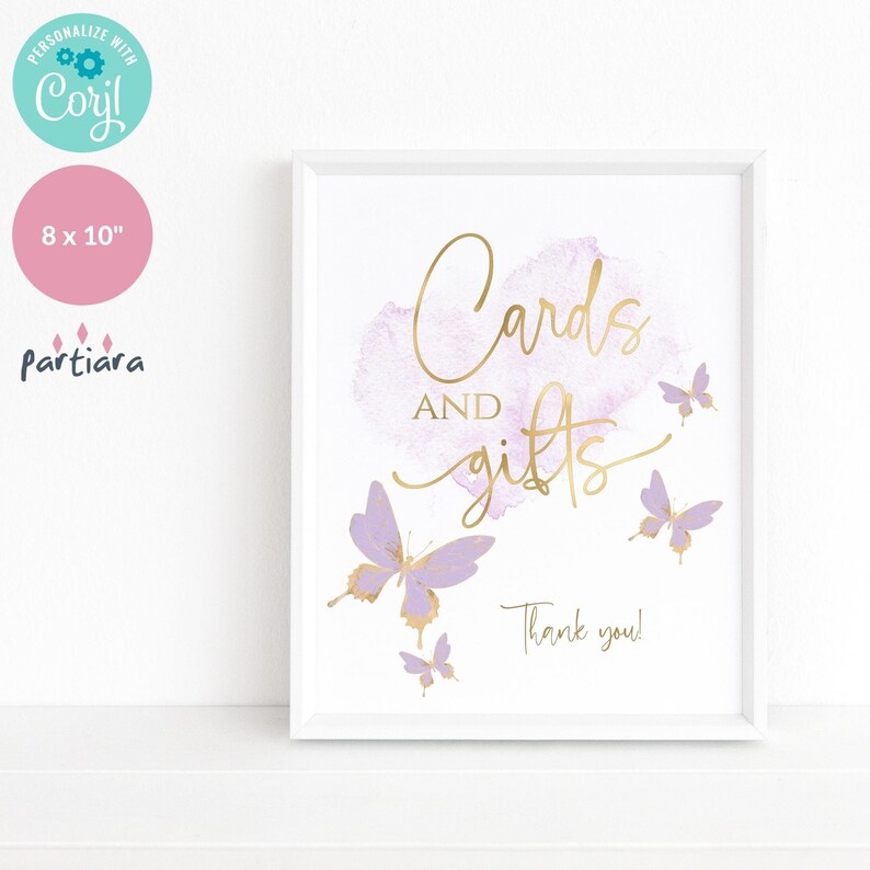 Plantilla editable de cartel de mesa de regalo con forma de mariposa para niñas: póster morado para fiesta de cumpleaños o baby shower P438 imagen 5