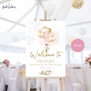 Blush Pink Baptism Welcome Sign Girls 1st Birthday Party Balloons Welcome Poster Decor Printable Editable Digital Download A2 Template P344