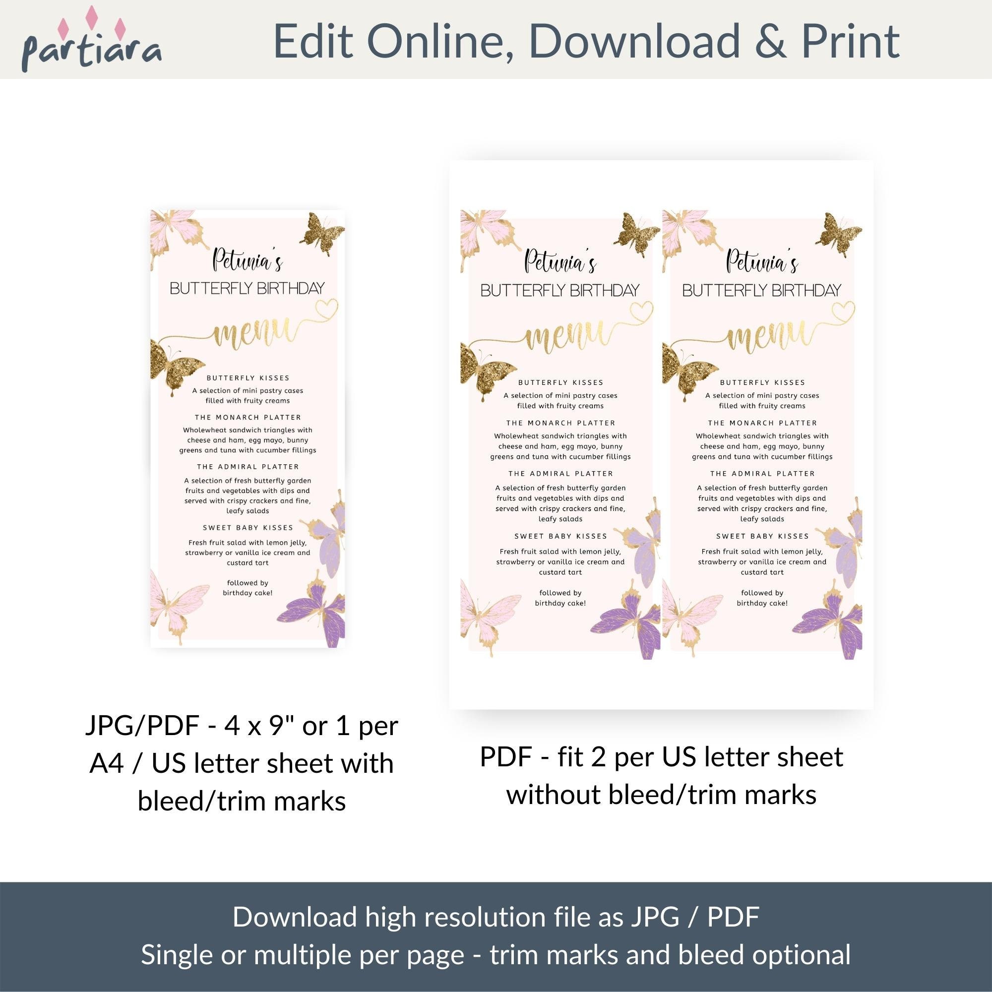 Butterfly Birthday Menu Card Printable Girl's Baby Shower - Etsy