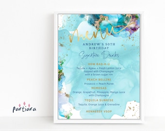 Summer Birthday Menu Sign Template, Pool Party Buffet Table Menus Printable, Teen Boys or Girls Events Teal Blue Decor, Editable P243