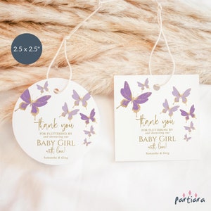 Etiqueta de mariposa lila, regalo de recuerdo, etiquetas de agradecimiento, baby shower de niña, primer cumpleaños, imprimible, morado y dorado, editable, descarga digital P438