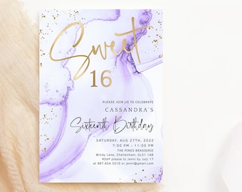Sweet 16 Invitation Purple Lilac Gold Template: 16th Birthday Invites Printable P300