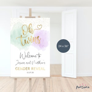 Modèle de plaque de bienvenue Twin Reveal, affiche de bienvenue sur le thème de Mardi Gras imprimable, déco vert violet pastel, téléchargement numérique modifiable P16