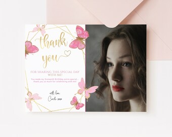 Girl Butterfly Thank You Card Printable Pink Gold Photo Butterflies Notecards Girls Baby Shower Picture Cards Editable Download P144