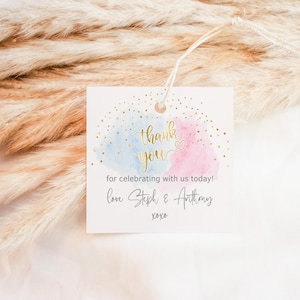 Étiquette de remerciement imprimable, bleu pastel rose pour cadeaux de naissance, étiquettes de remerciement, autocollants d'étiquettes nuages garçon fille, modèle modifiable P16