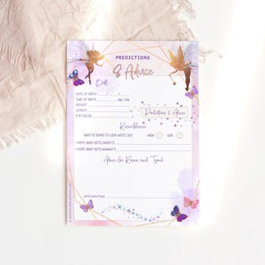 Plantilla de tarjeta de juego de predicciones y consejos de hadas, tarjeta de felicitación para baby shower con diseño de mariposa para niña, descarga digital editable P676