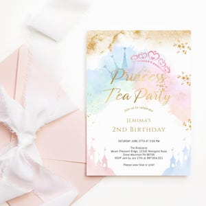 Princess Tea Party Invitation Editable Girl&#39;s Birthday Fairytale Castle and Crowns Invite DIY Printable Pastel Decor Partiara P137