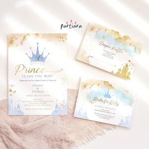 Kleiner Prinz Babypartyeinladungspaket, königliche Babypartyeinladung mit Einsätzen, Windelraffle und Büchern für Baby, bearbeitbar P137