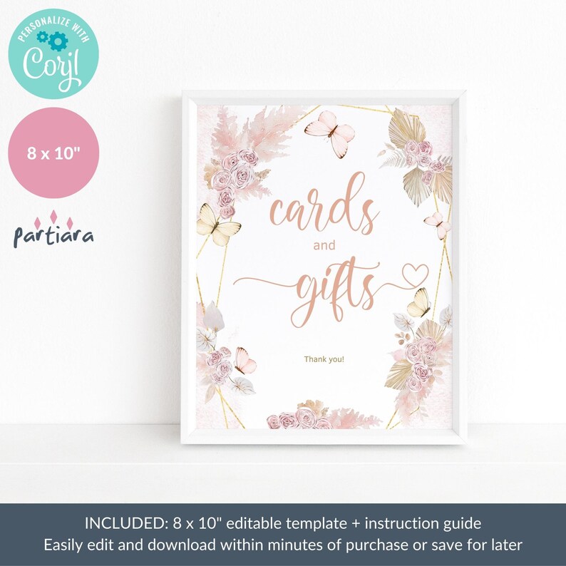 Boho Butterfly Gifts Table Sign Printable, Girls Birthday Cards Gift