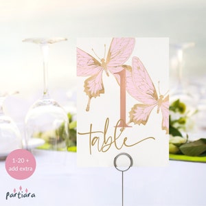 Schmetterling Tischnummern zum Ausdrucken, Mädchen Geburtstagsparty Tischnummer Kartenvorlage, Rosa Rose Gold Baby Shower Decor, Bearbeitbar Download P293