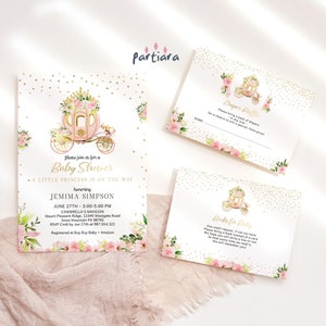 Royal Baby Shower Invite Princess Party Template, Girls Pink Floral Carriage Invitation Set Printable, Editable Digital Download Card P137