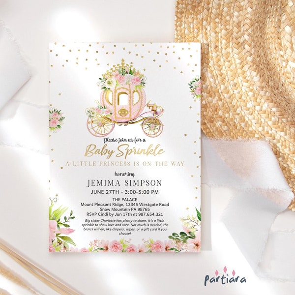 Baby Sprinkle Invite Princess Party Invitations Blush Pink Gold Floral Fairytale Carriage Printable Editable Digital Download P137