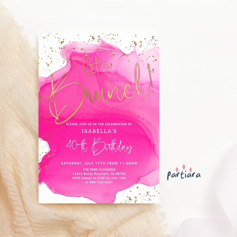 Fuchsia Hot Pink Brunch Party Invitation Printable Ladies Teens Girls Gold Birthday Brunch Invite Editable Digital Download Template P200 