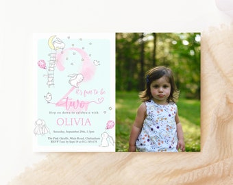 Girl 2nd Birthday Invitation Printable Bunny Rabbit Theme Tea Party Photo Invite Editable Download Template Pastel Pink Green Decor P116