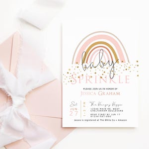 Baby Sprinkle Invitation Pastel Pink Rainbow Baby Shower Party Invite Printable for Girls, Boho Gold Decor, Editable Digital Template P136