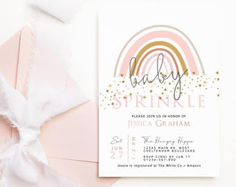 Baby Sprinkle Invitation Pastel Pink Rainbow Baby Shower Party Invite Printable for Girls, Boho Gold Decor, Editable Digital Template P136