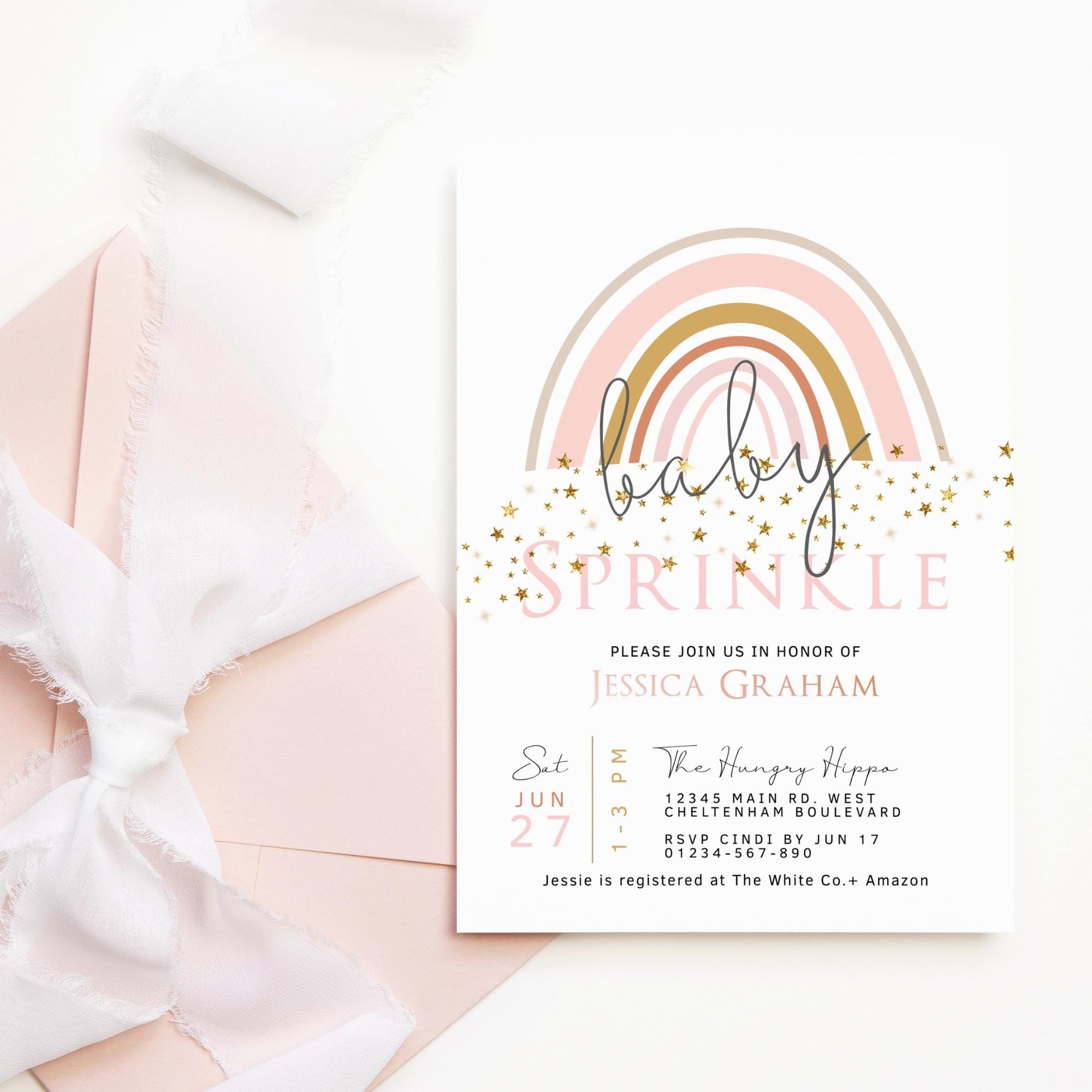Invitación para baby shower con diseño de arcoíris rosa pastel, imprimible  para niñas, decoración bohemia dorada, plantilla digital editable P136 -  Etsy México, image size:2000x2000