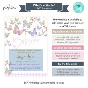 Portuguese Baptism Invite Girl Butterfly 1st Birthday Joint Baptism Party Invitation Pastel Rainbow Gold Decor Editable Digital Download P87 image 2