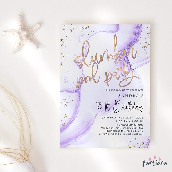 Editable Pool Party Invite Sleepover Birthday Swimming Invitation Template for Girls Purple Lilac Gold Decor Printable Digital Download P300