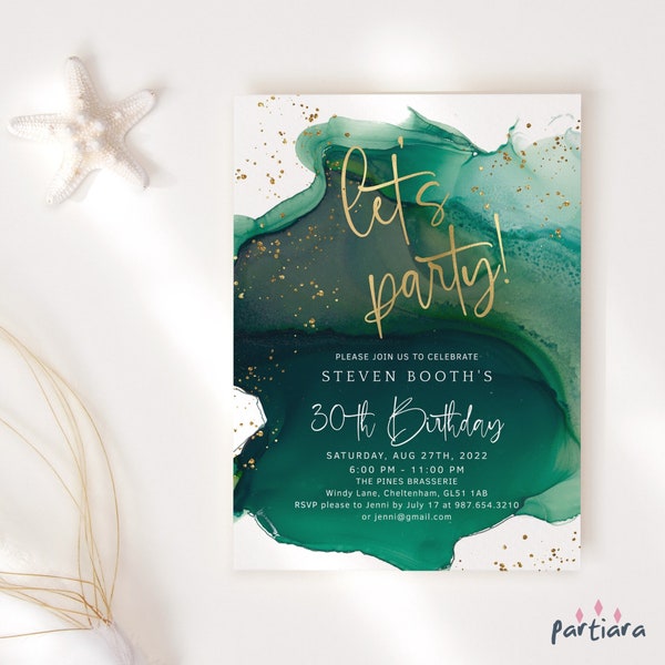 DIY Birthday Invites Let's Party Editable Emerald Green Gold Adult Invitation for Men or Ladies Printable Decor Digital Download P132