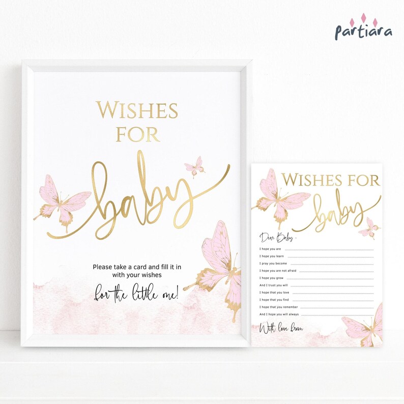 Pink Butterfly Wishes for Baby Girl Printable Baby Shower Butterflies Party Table Decor and Note Card Keepsake Editable