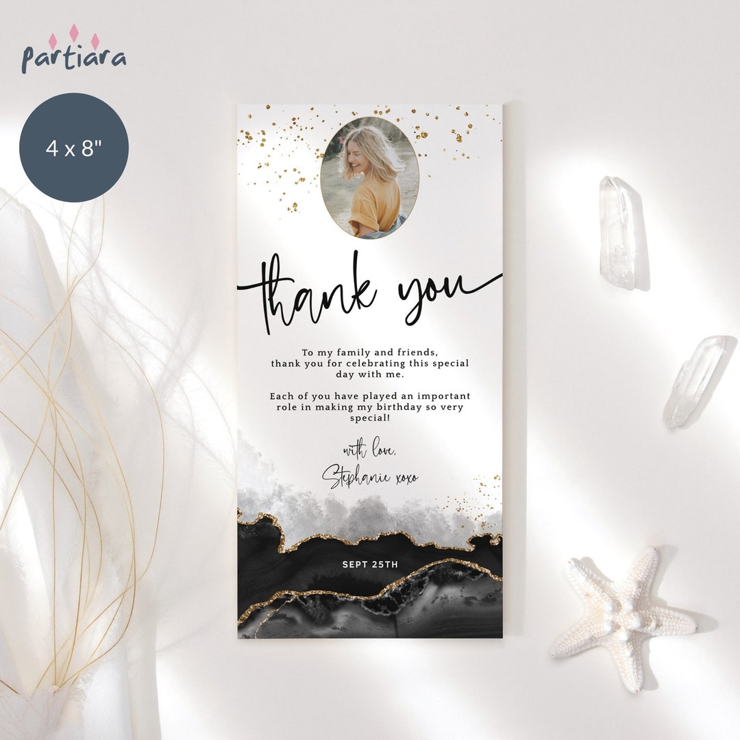 Black Gold Thank You Photo Card Template, Birthday Table Plate Decor ...