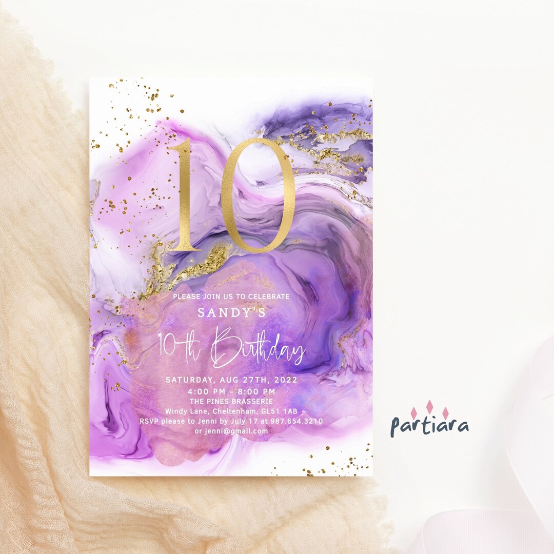 10th Birthday Invitation Template Girl Purple Gold Tenth Party Invites ...