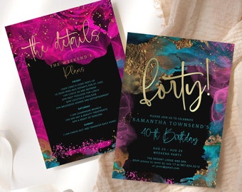 Puede incluir: Una invitación a una fiesta de cumpleaños con un fondo negro y diseños abstractos de acuarela coloridos. El texto "¡cuarenta!" está escrito en letras doradas. La invitación incluye el texto "Por favor, únase a nosotros para celebrar el cumpleaños número 40 de Samantha Townsend" y detalles sobre la fiesta de fin de semana.