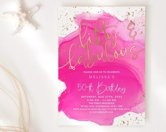 Hot Pink 50th Birthday Invitation Printable Ladies Fifty and Fabulous Fuchsia Gold Brunch Lunch Dinner Party Invite Editable Template P200