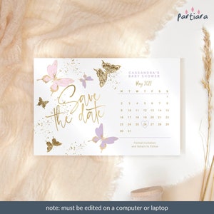 Schmetterling Save the Date Kalender Karte EDITIERBAR Mädchen 1. Geburtstag Taufe Baby Shower Party Ankündigung Rosa Lila Gold P6 P345