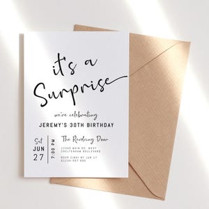 Invitación a fiesta sorpresa de cumpleaños para hombres, imprimible, minimalista, en blanco y negro, plantilla editable para descargar digitalmente