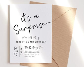 Birthday Surprise Party Invitation for Men Printable Black and White Minimalist Invite Editable Digital Download Template