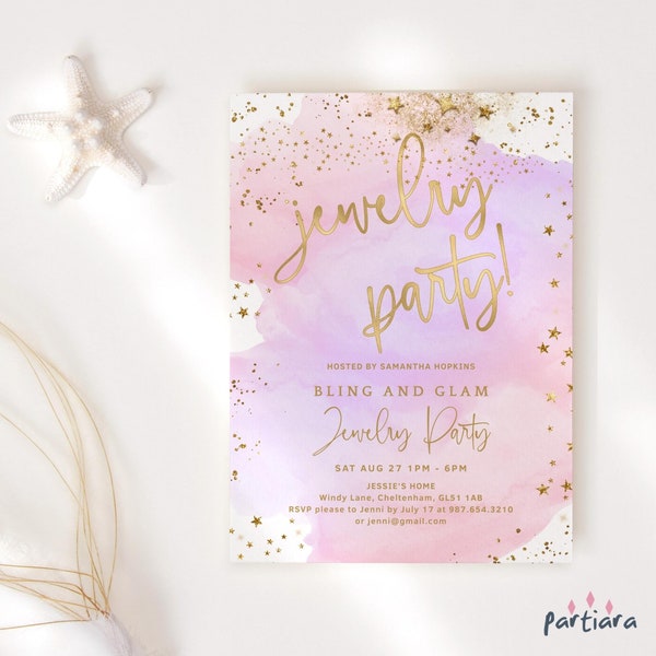 Jewelry Party Invite Digital Download Ladies Shopping Invitation Printable Pastel Pink Lilac Gold Ombre Decor Editable Digital Download P806